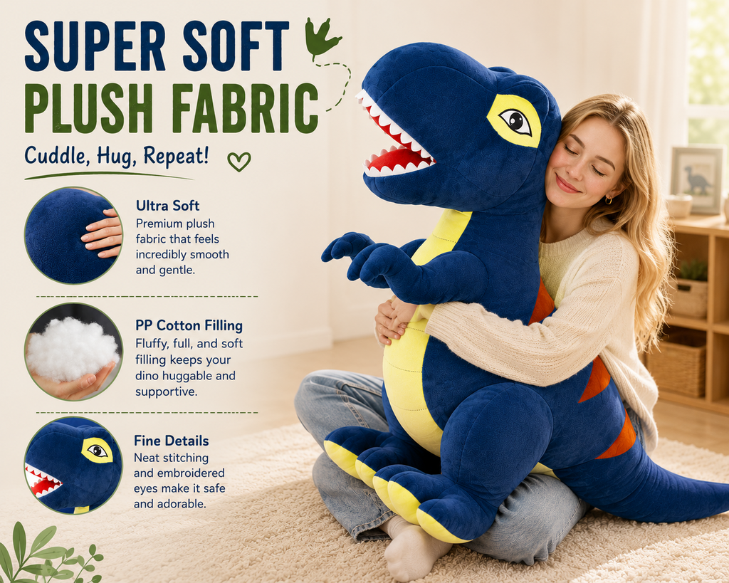 Large blue dinosaur plush toy with soft plush fabric