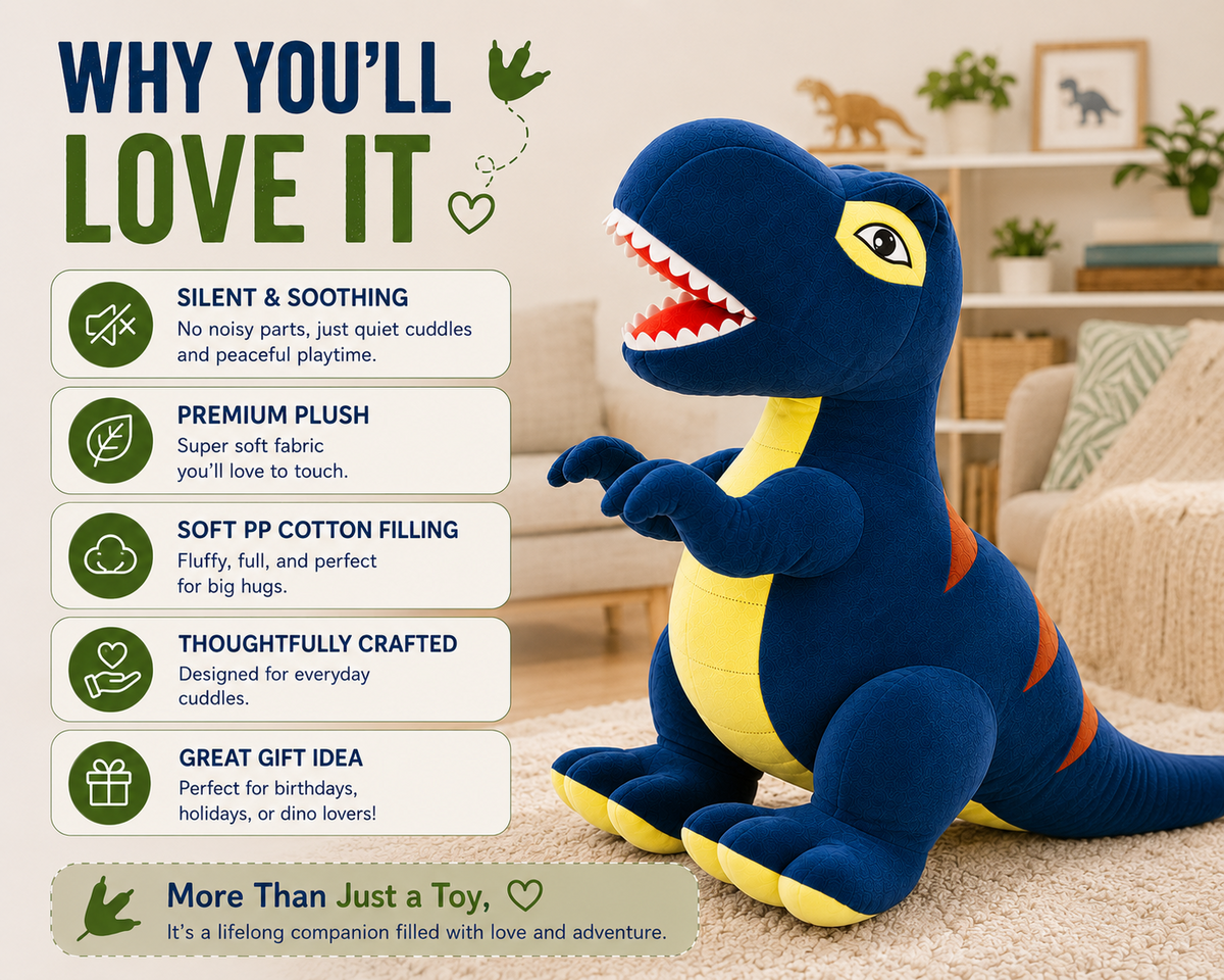Blue dinosaur plush toy features