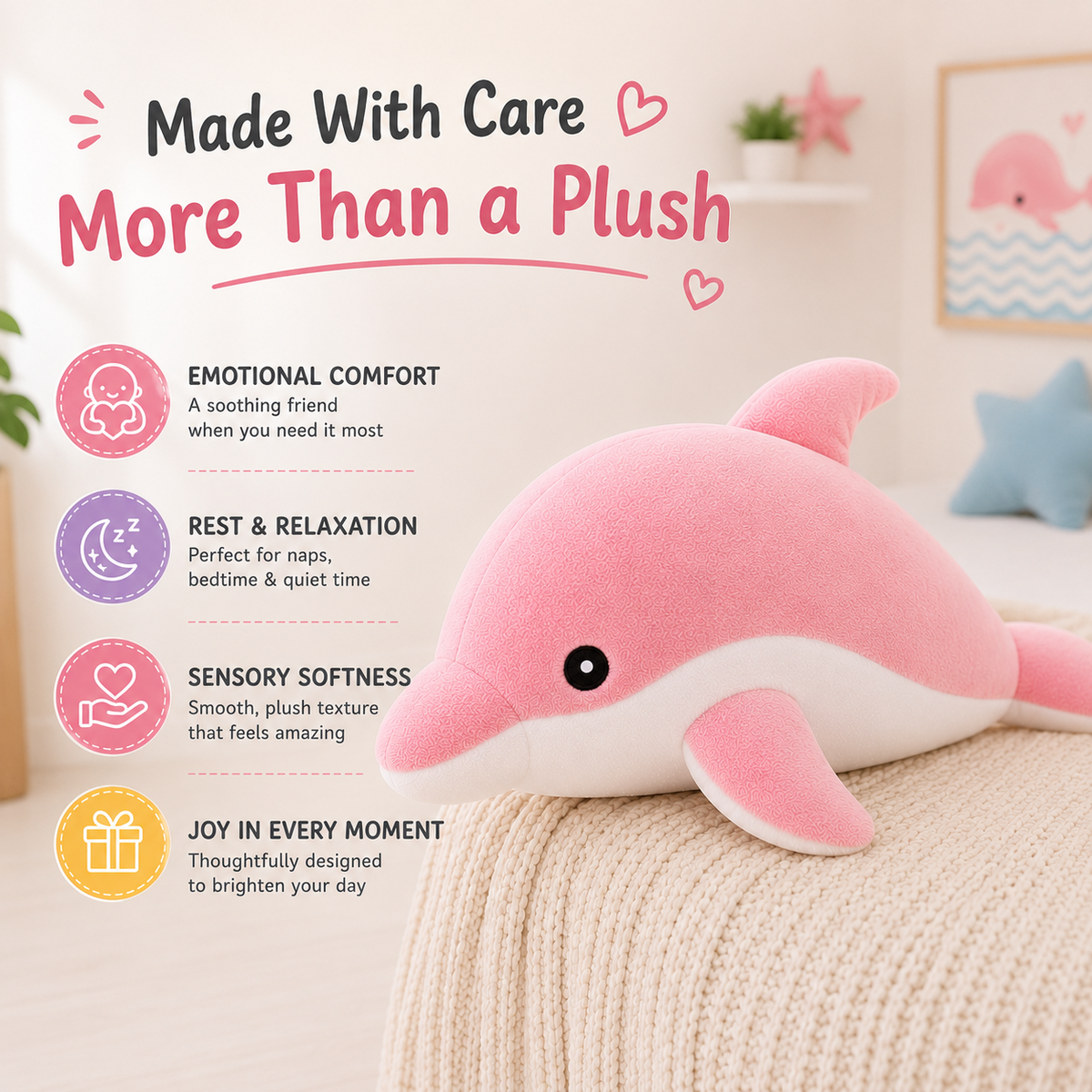 Dolphin plush comfort features