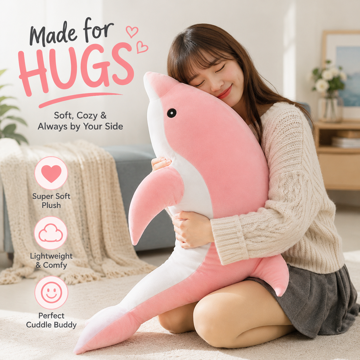 Pink dolphin plush cuddle lifestyle