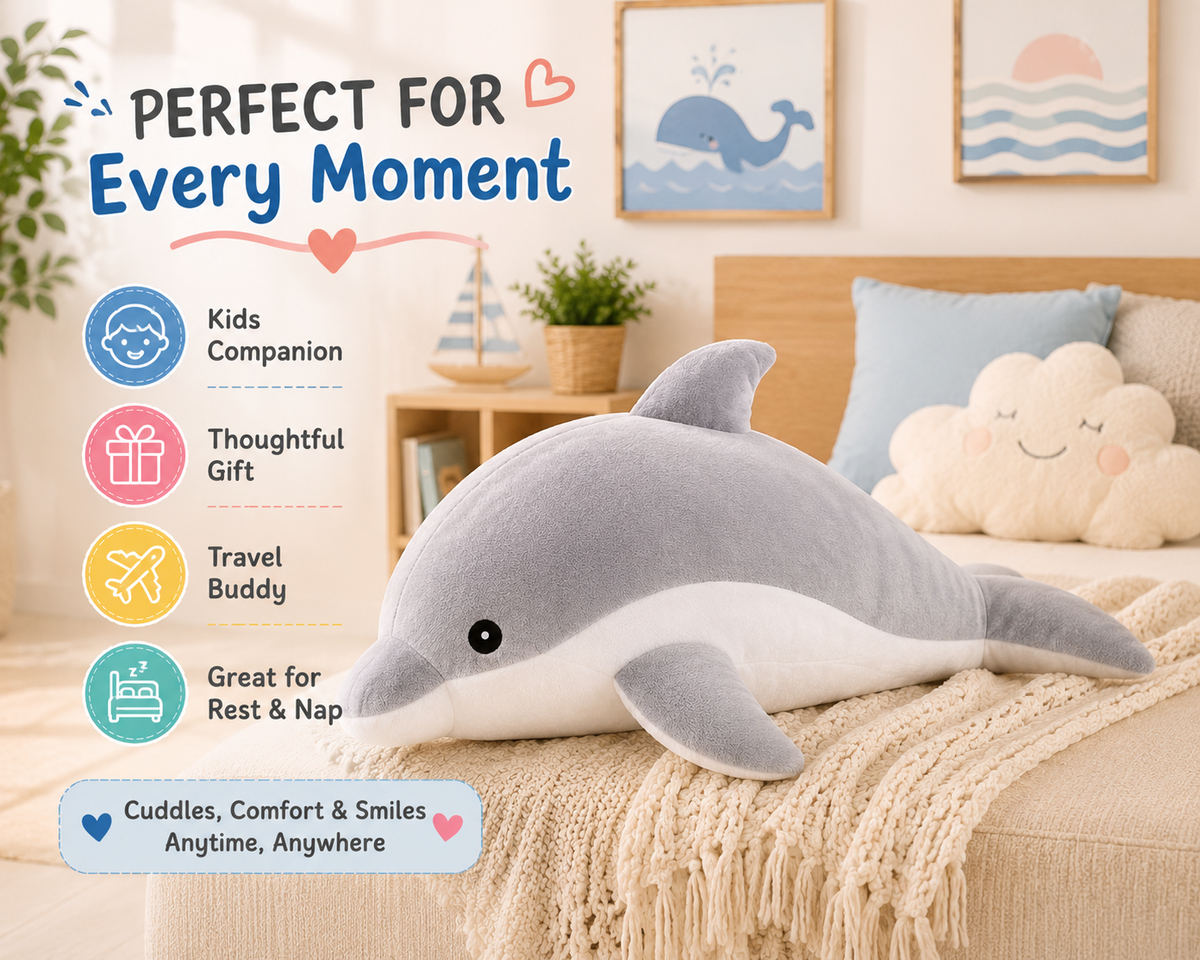 Gray dolphin plush uses