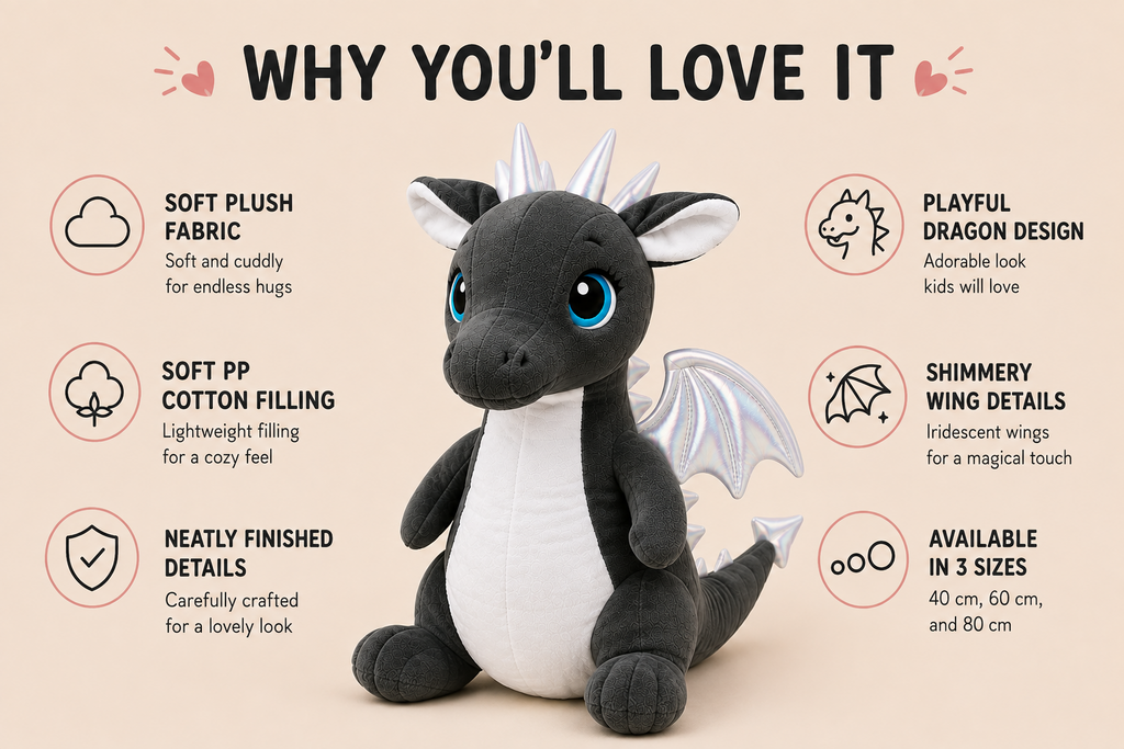 Dragon Plush Toy, Stuffed Animal, Shimmery Wings, Nursery Companion, Kids Room Accent