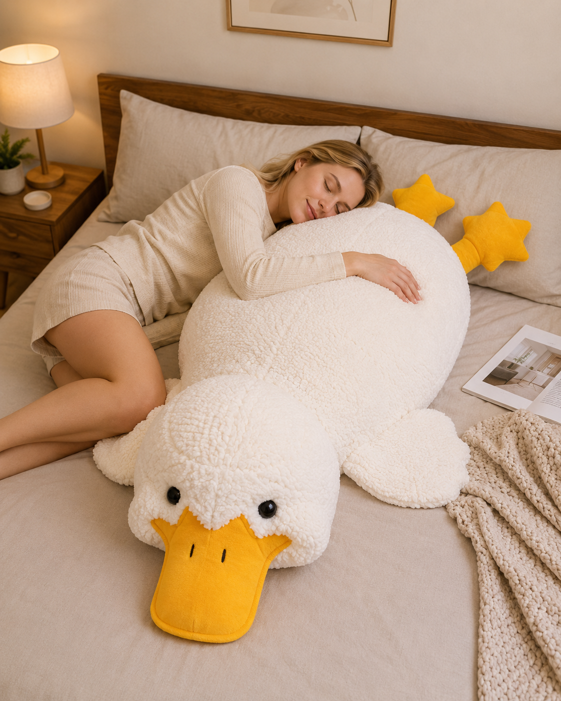 Large duck plush pillow on bed