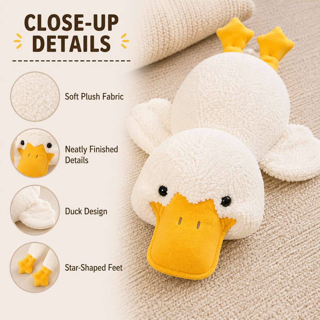 Duck plush pillow close up details