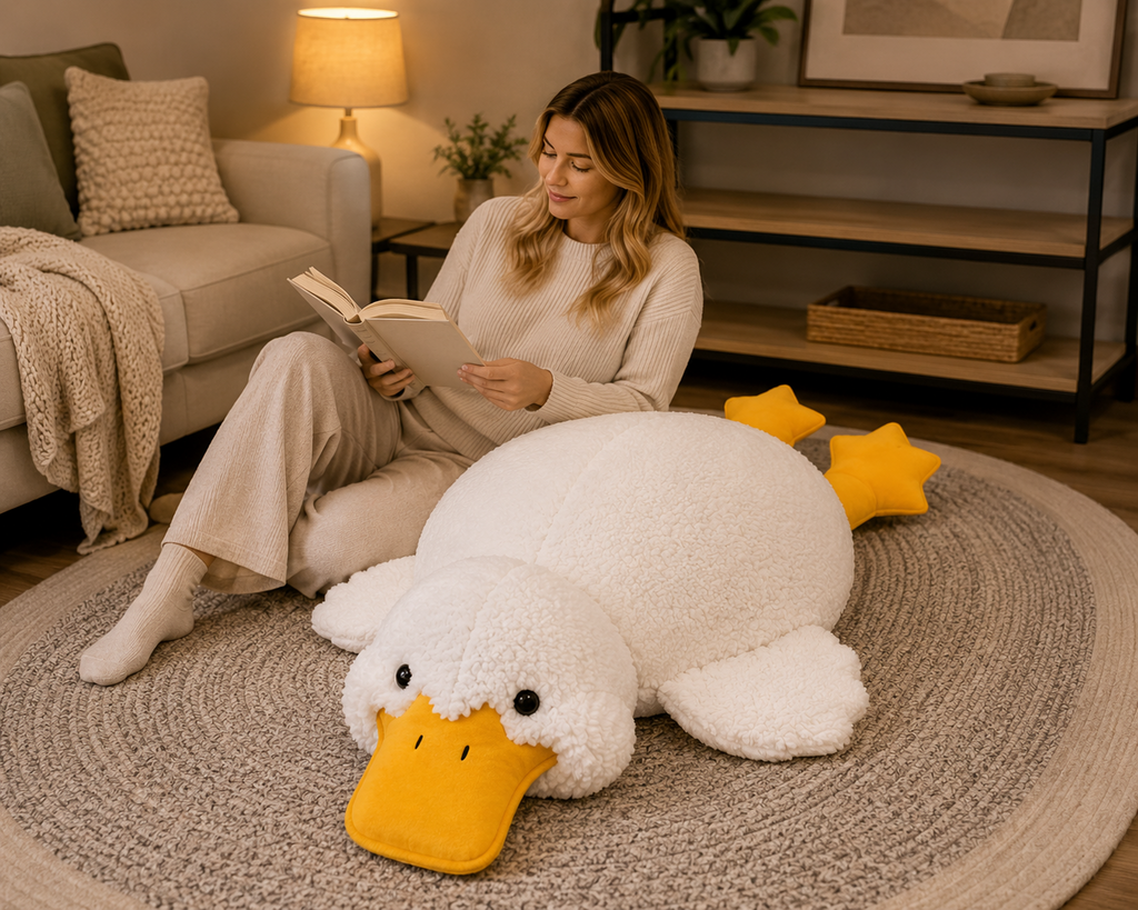 Duck plush pillow reading corner lifestyle