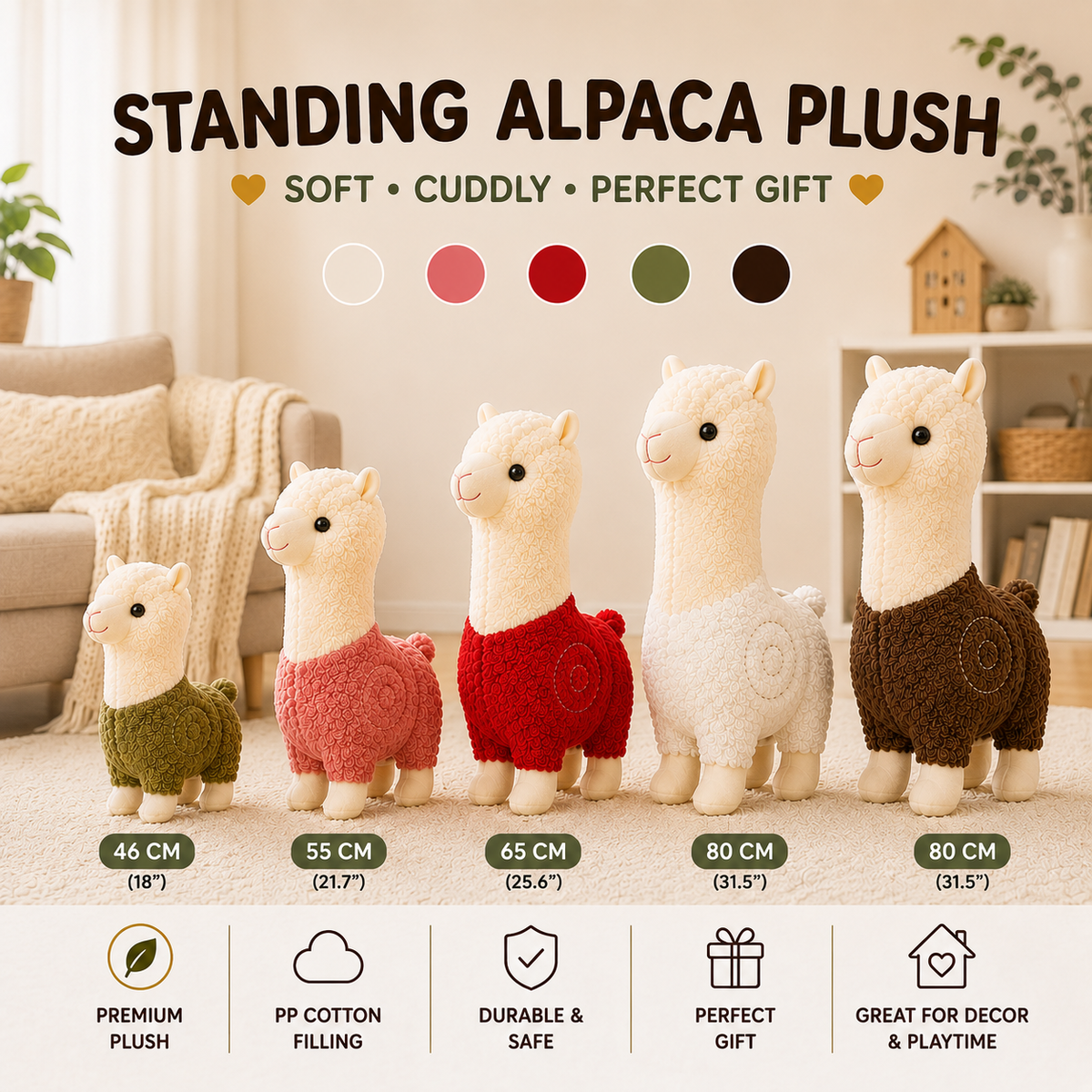 Standing Alpaca Plush Toy, Llama Stuffed Animal, Nursery Decor, Soft Gift for Kids