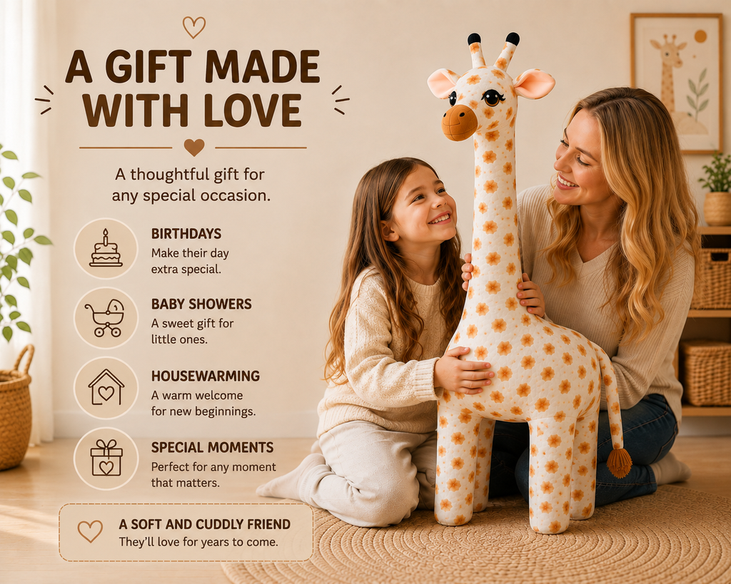 Large Giraffe Plush Toy, Stuffed Animal Pillow, Brown and White Nursery Decor