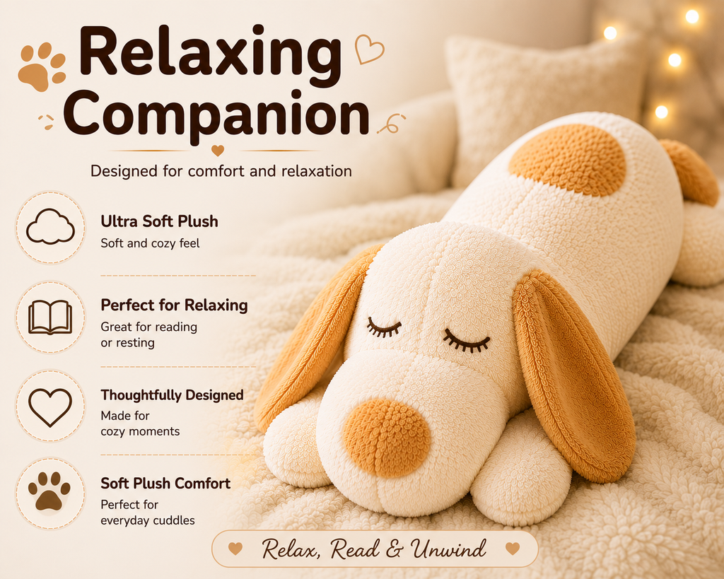 Large Sleeping Dog Plush Pillow, Stuffed Animal, Body Cushion, 3 Sizes