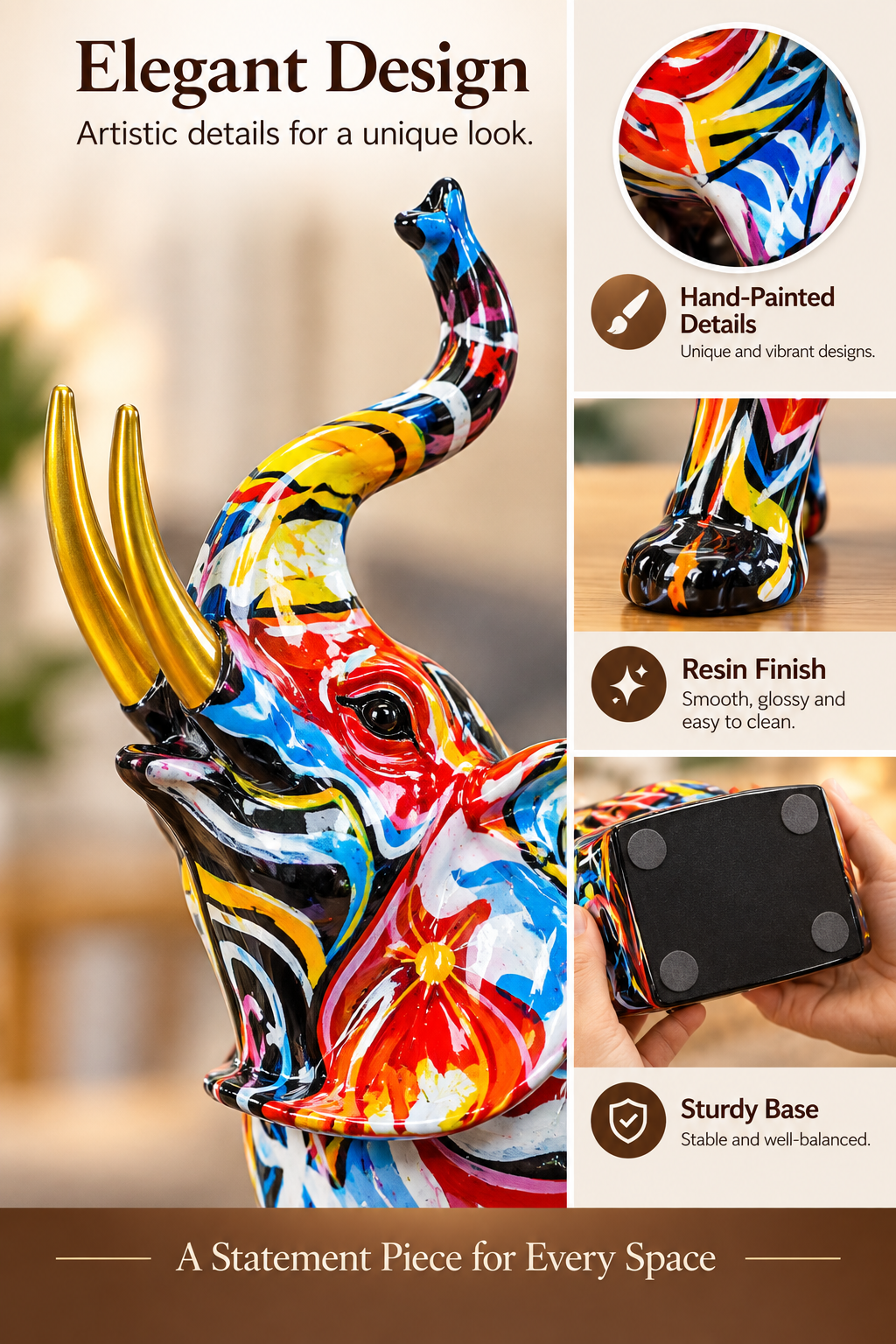 Elephant figurine hand-painted details and resin finish