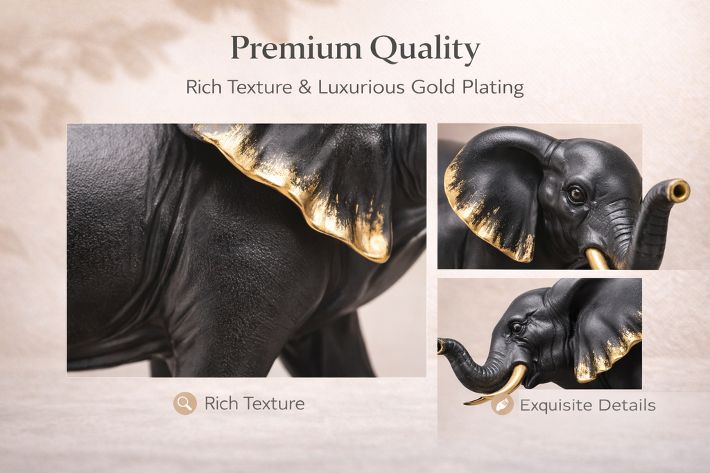 Close-up details of black elephant figurine with gold accents