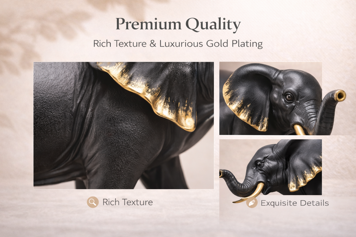Close-up details of black elephant figurine with gold accents