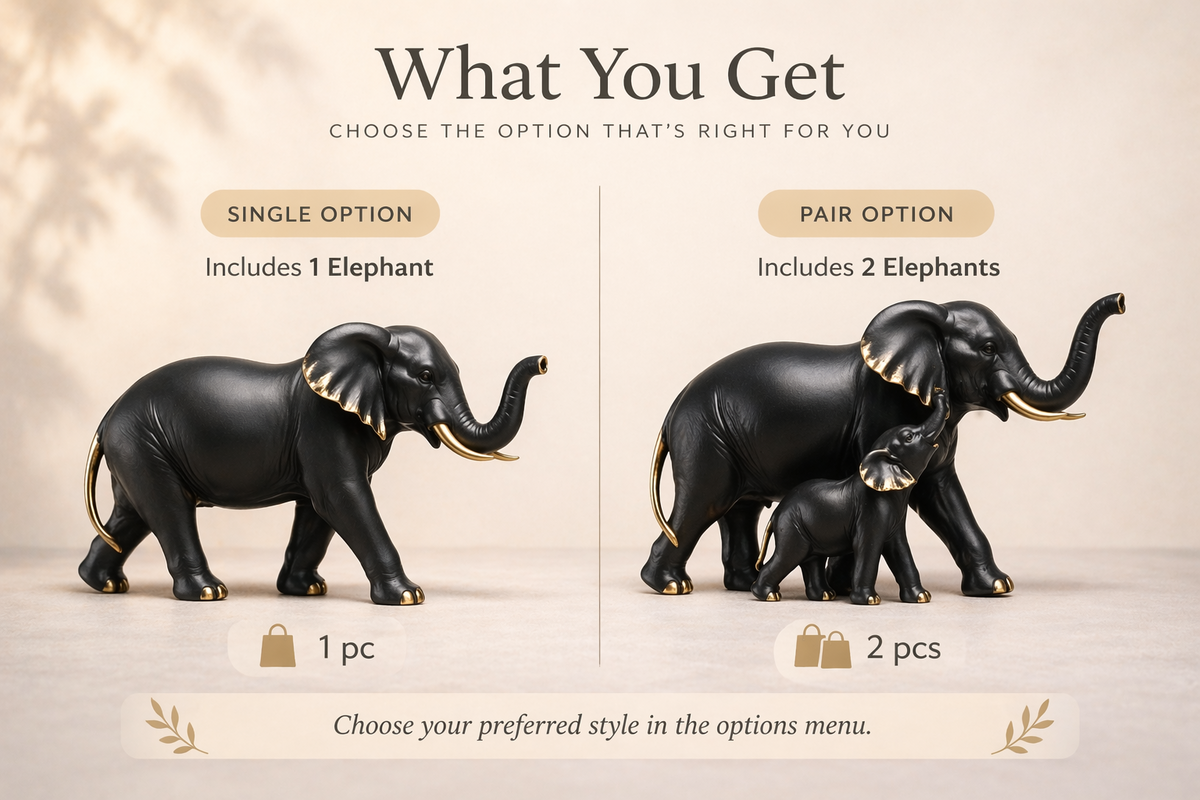 Elephant figurine single and pair options in black with gold accents