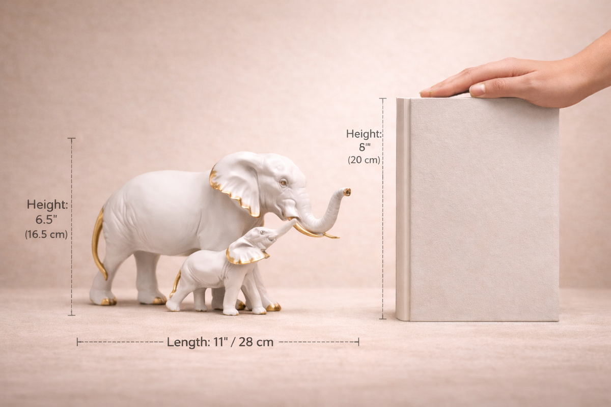 Elephant figurine size reference showing approximately 28 cm length and 16.5 cm height
