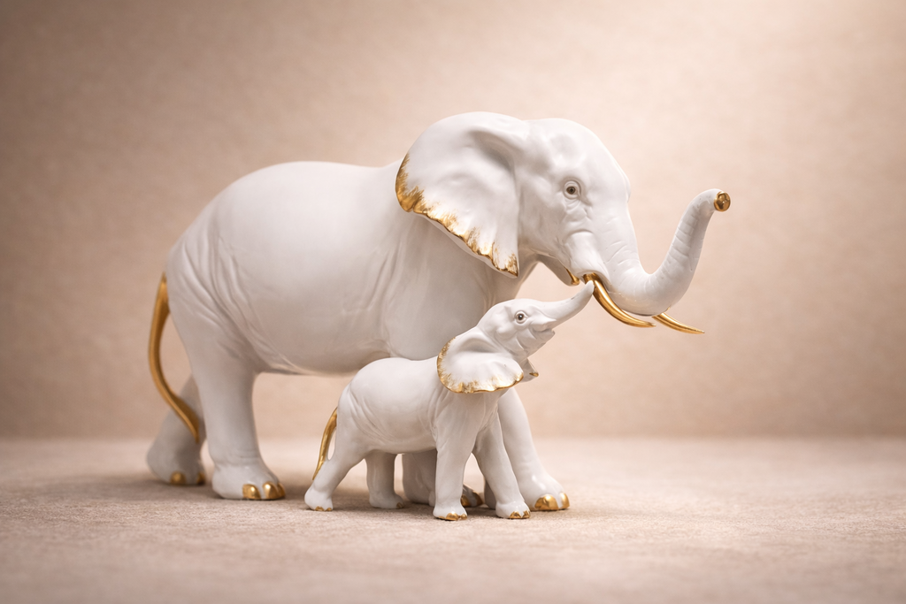 White elephant figurine pair with gold accents