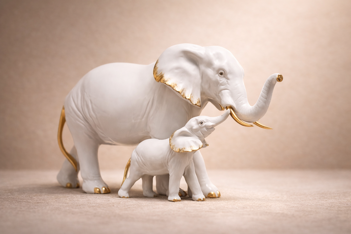 White elephant figurine pair with gold accents