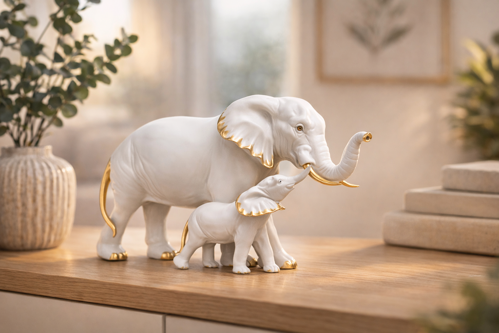 White elephant figurine pair with gold accents styled in a modern room