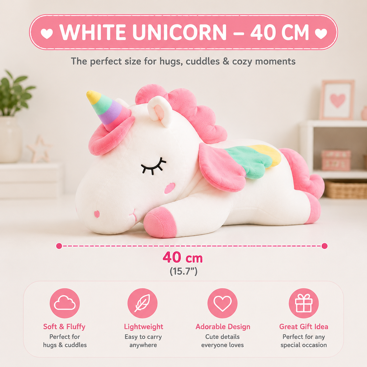 Unicorn Plush Pillow, Large Stuffed Animal, Kids Room & Nursery Decor