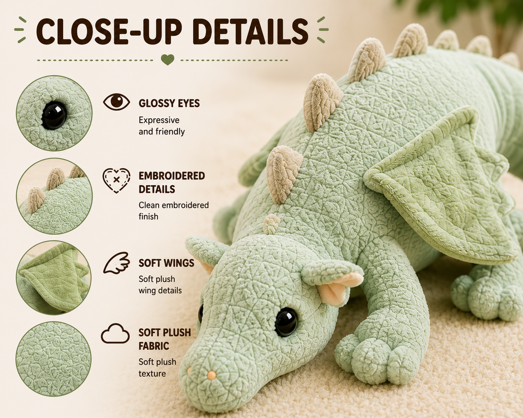 Flying dragon plush close-up details