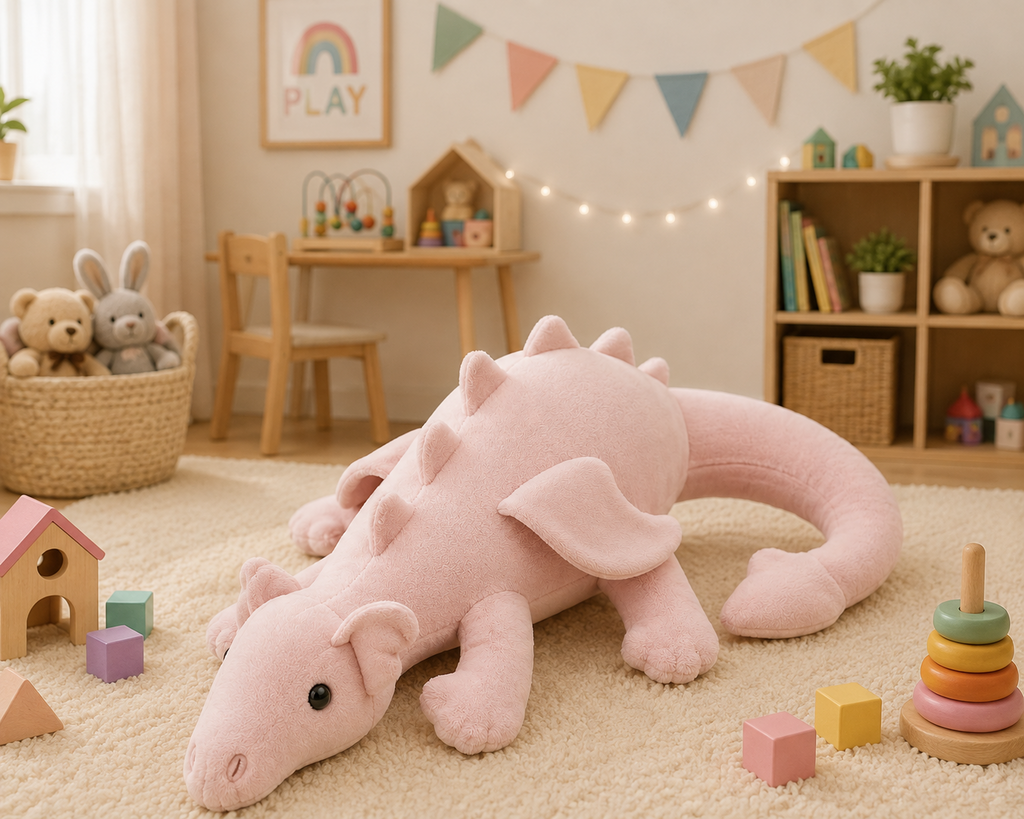 Pink flying dragon plush in playroom