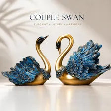 Gold and blue couple swan decorative figurine set