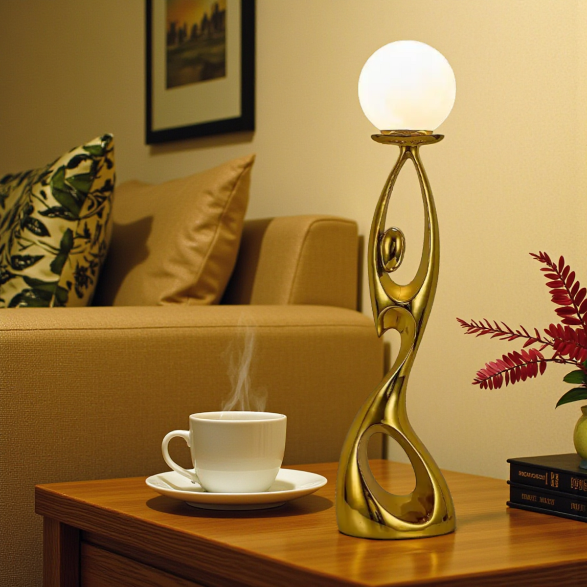 Gold abstract globe lamp floor sculpture on side table