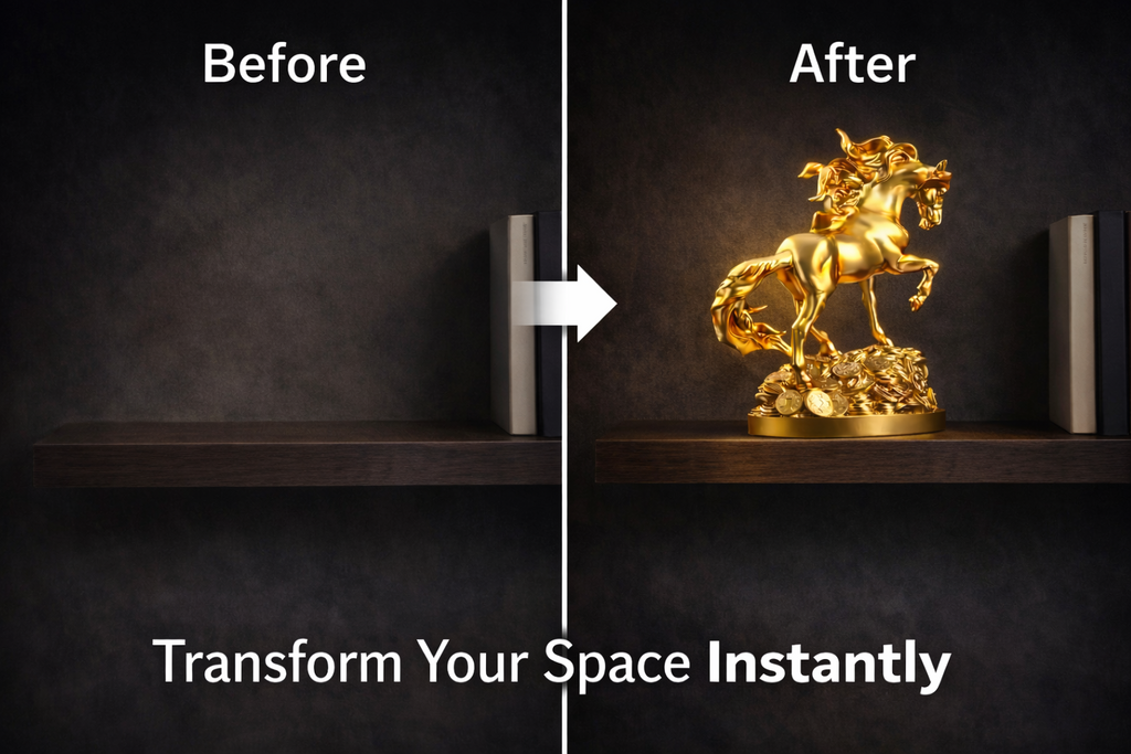 Golden horse statue displayed on a shelf