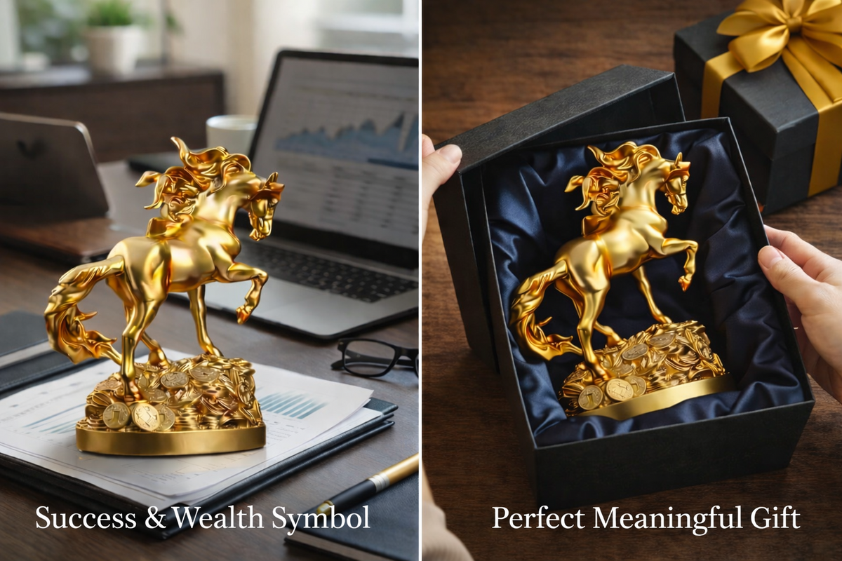 Golden horse statue shown as a gift presentation
