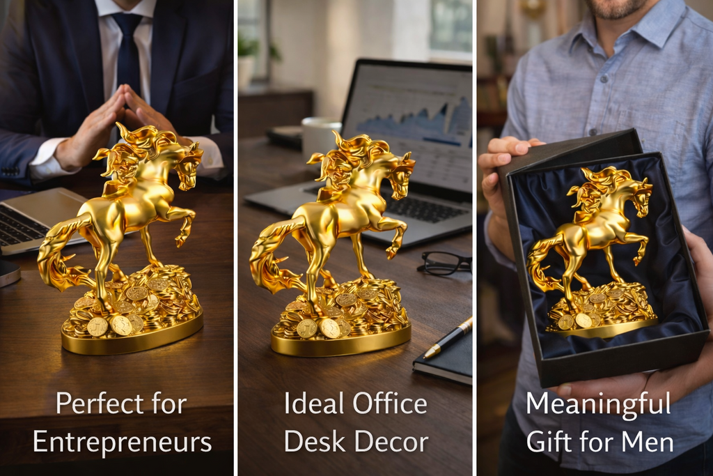 Golden horse statue styled for office decor