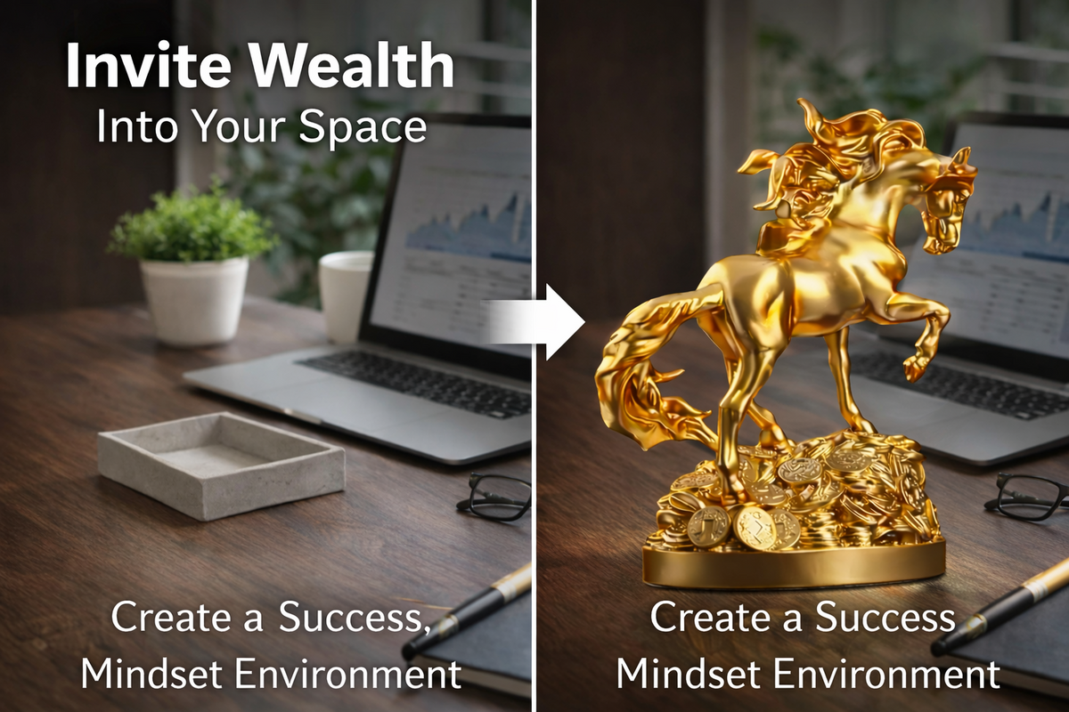 Golden horse statue styled on an office desk