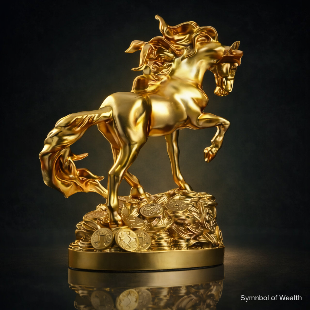 Golden horse statue on dark background