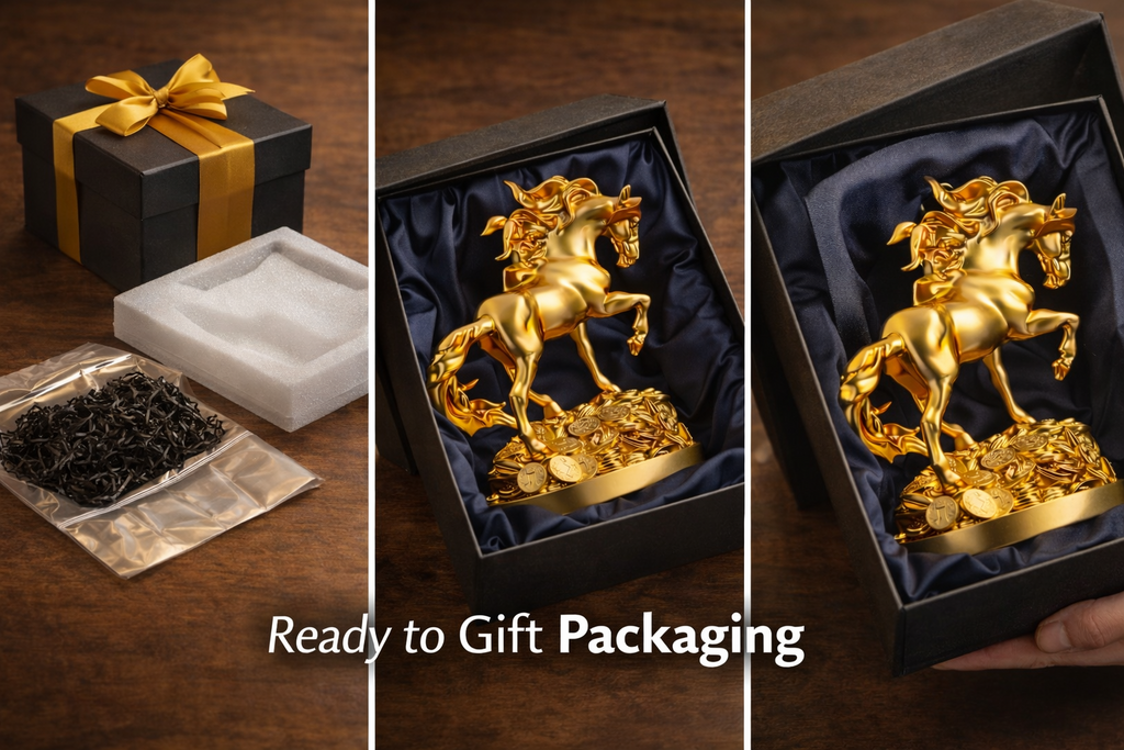 Golden horse statue in presentation packaging