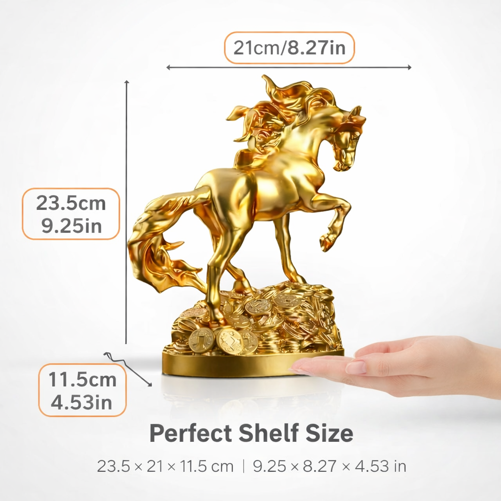 Golden horse statue dimensions 23.5 by 21 by 11.5 cm
