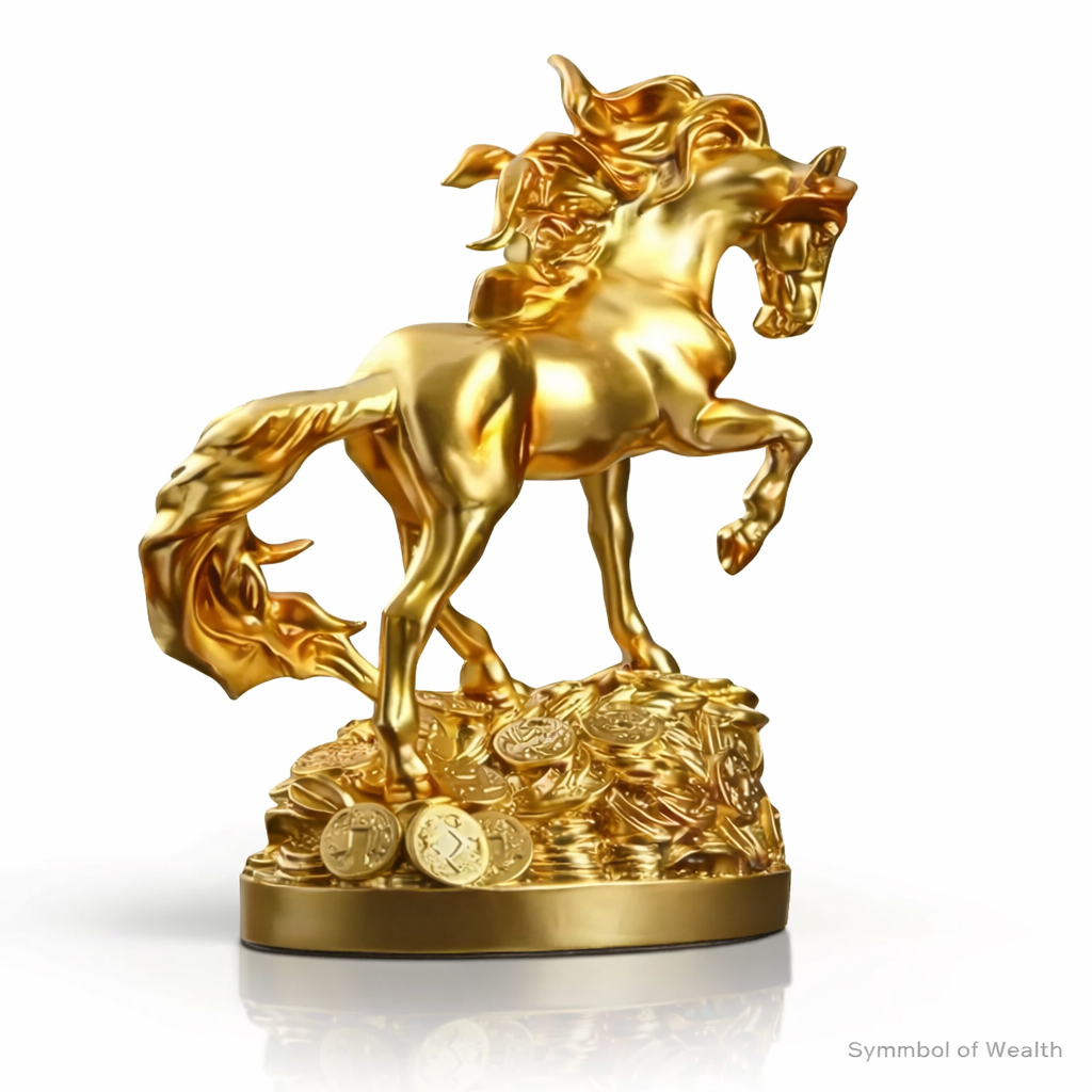 Golden horse statue on white background