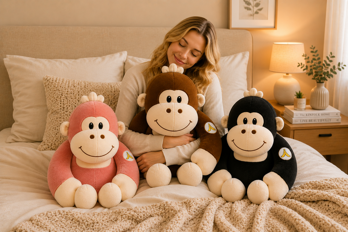 Gorilla plush toys in bedroom lifestyle scene