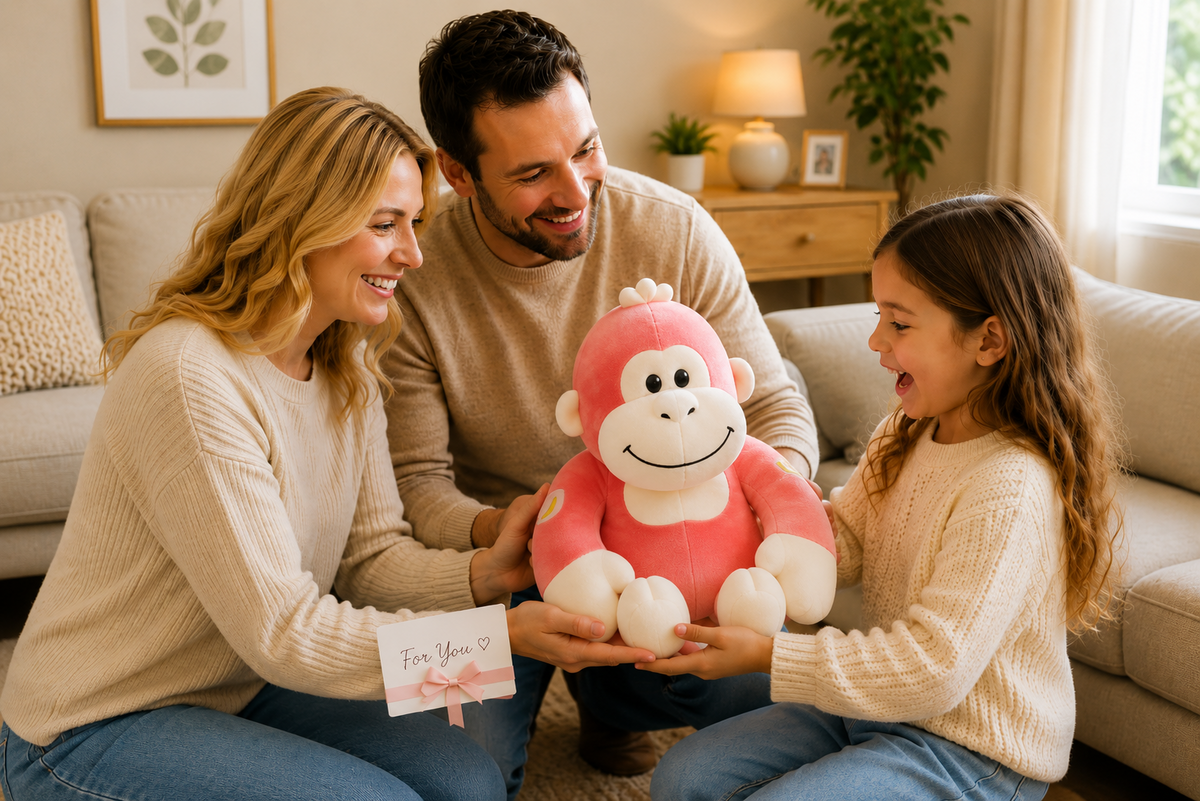Gorilla plush toy gift scene with family