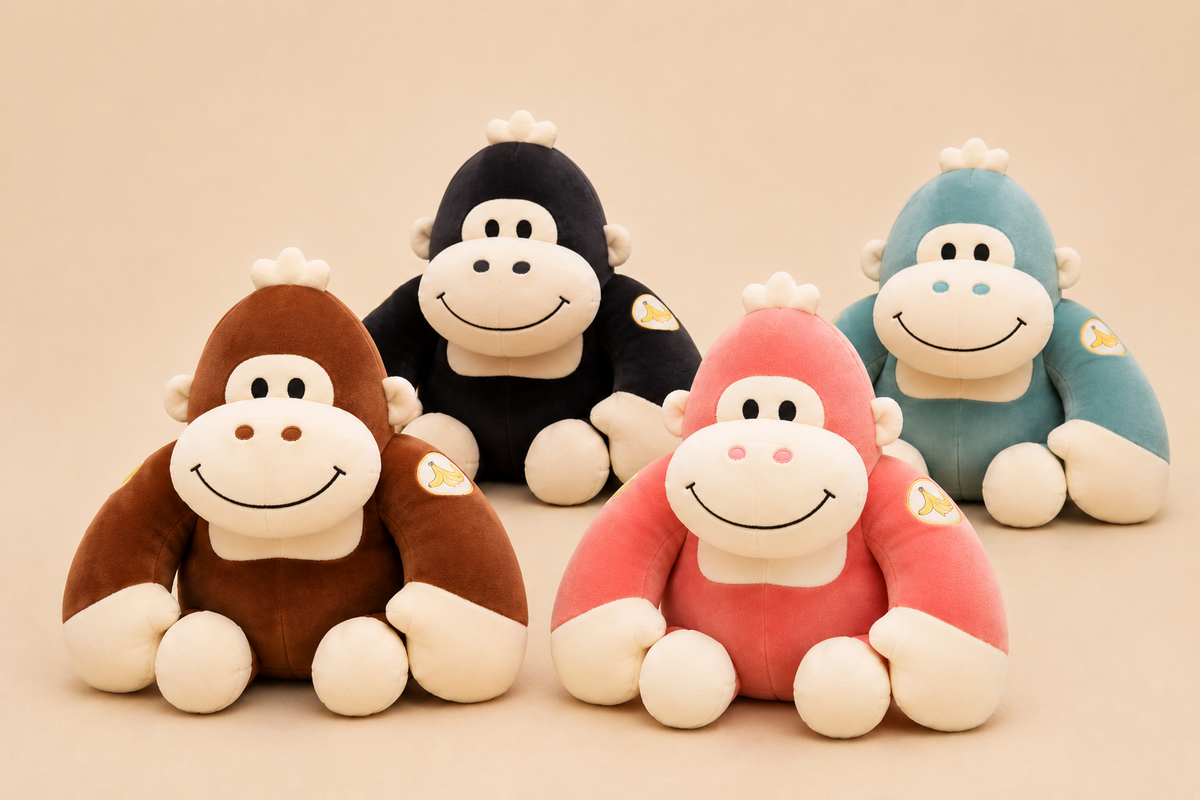 Gorilla plush toy in brown black blue and red
