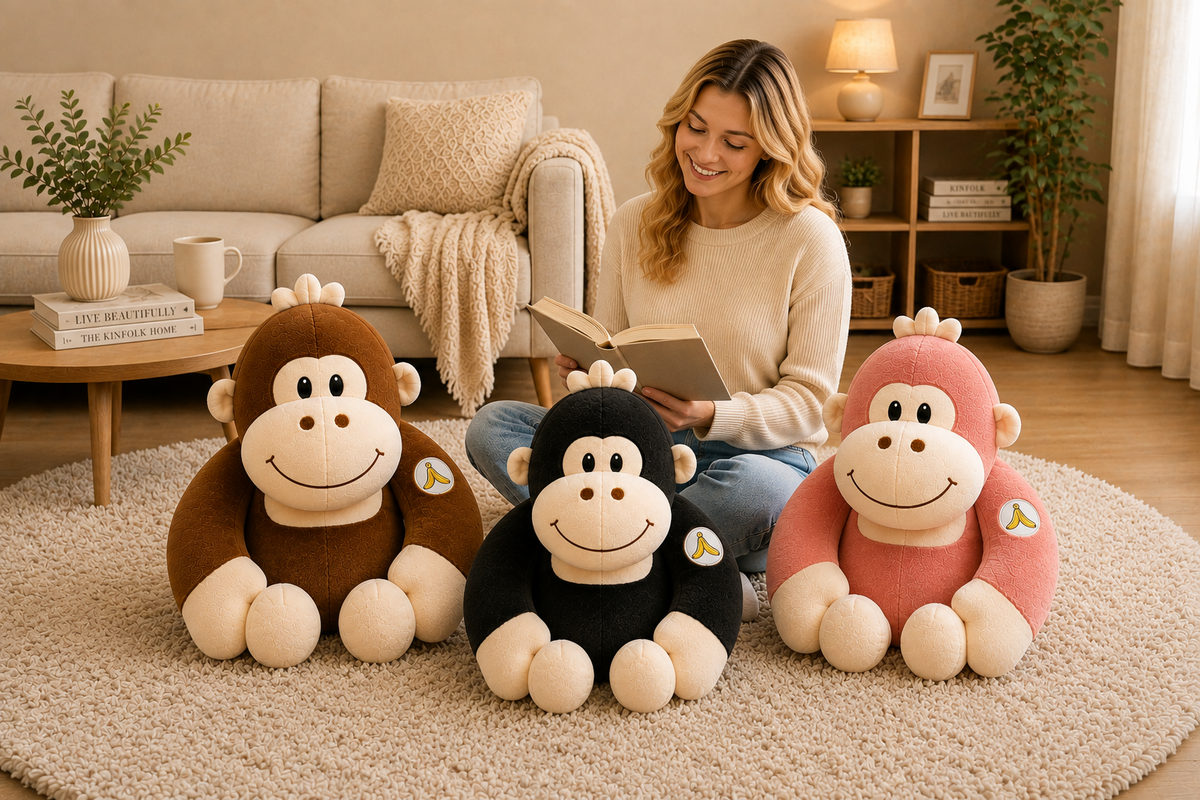 Gorilla plush toys in cozy reading room