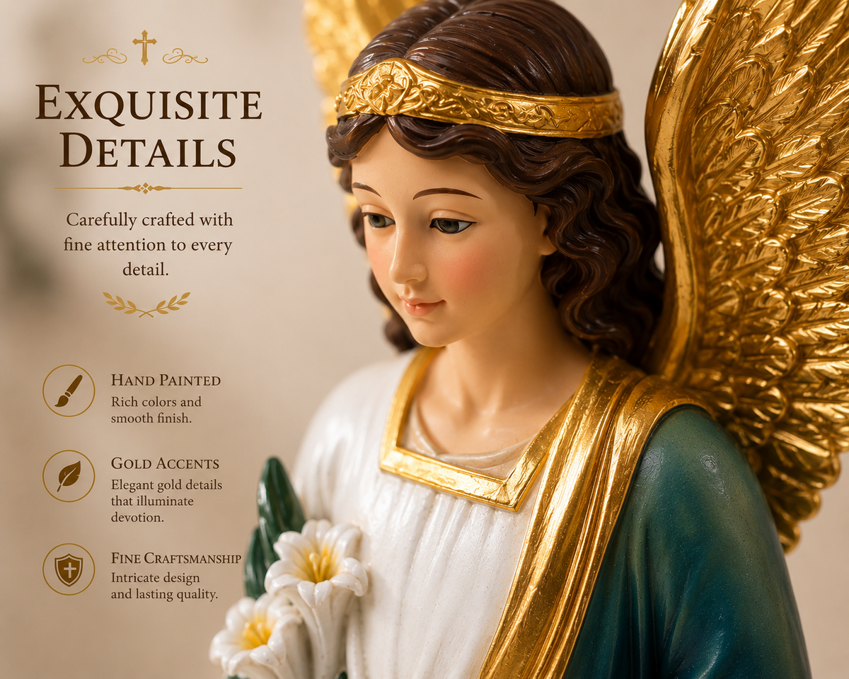 Ave Maria angel figurine close up gold wing details