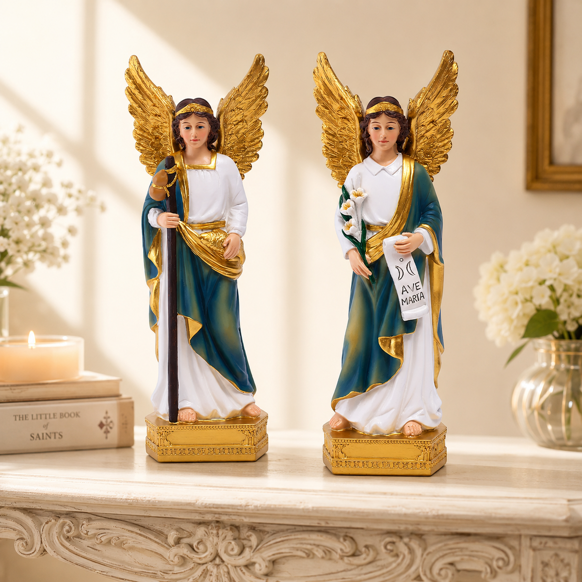 Guardian Angel and Ave Maria angel Catholic resin figurine set