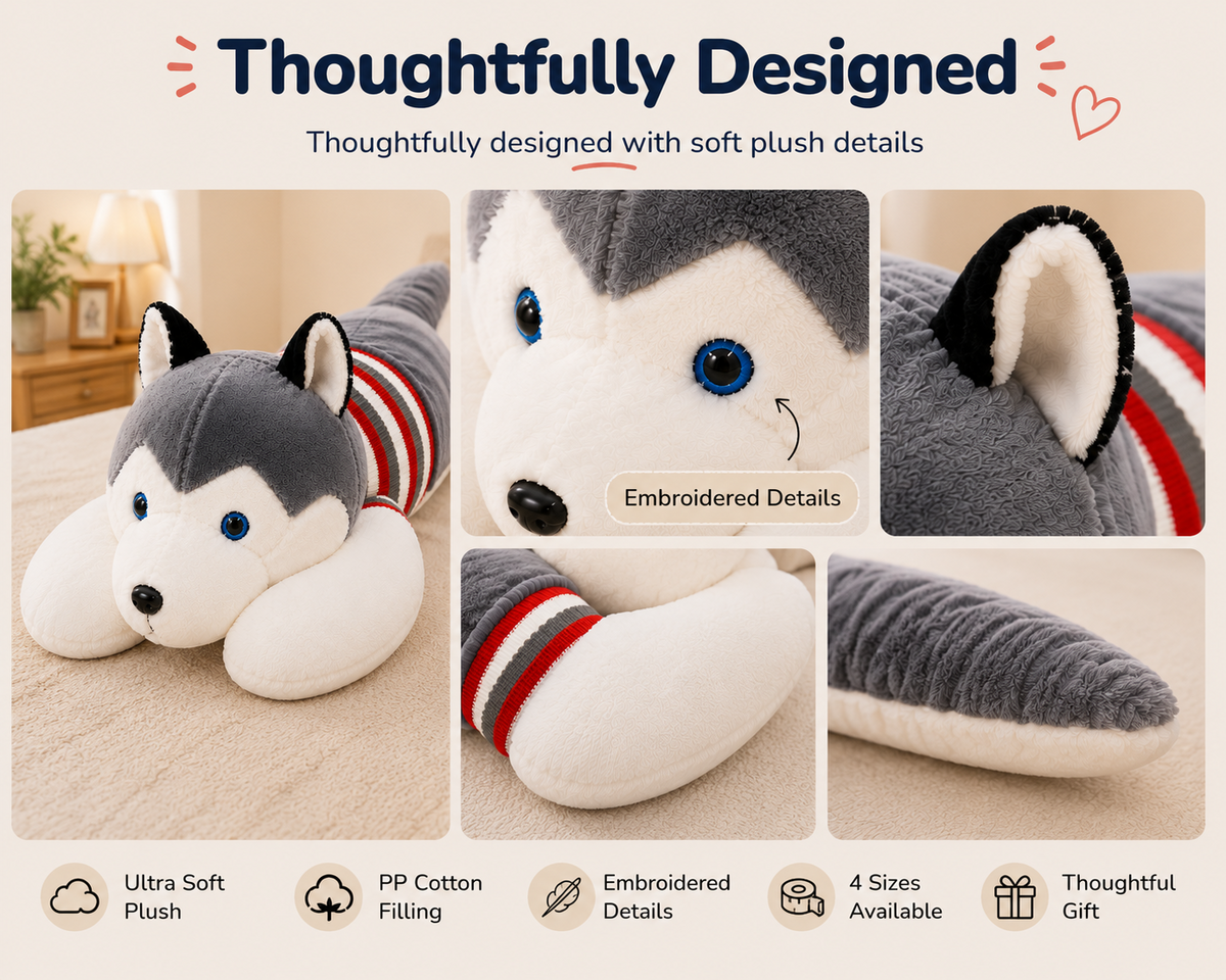 Husky plush pillow fabric and embroidered details