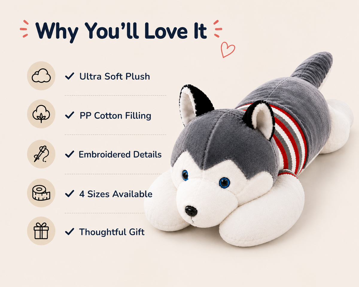 Husky plush body pillow features