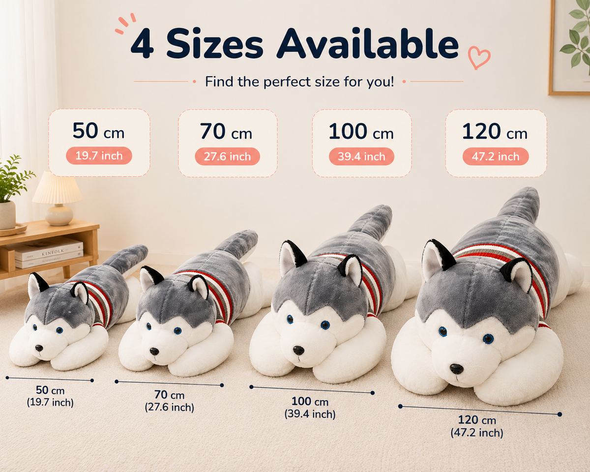 Husky plush body pillow available in four sizes
