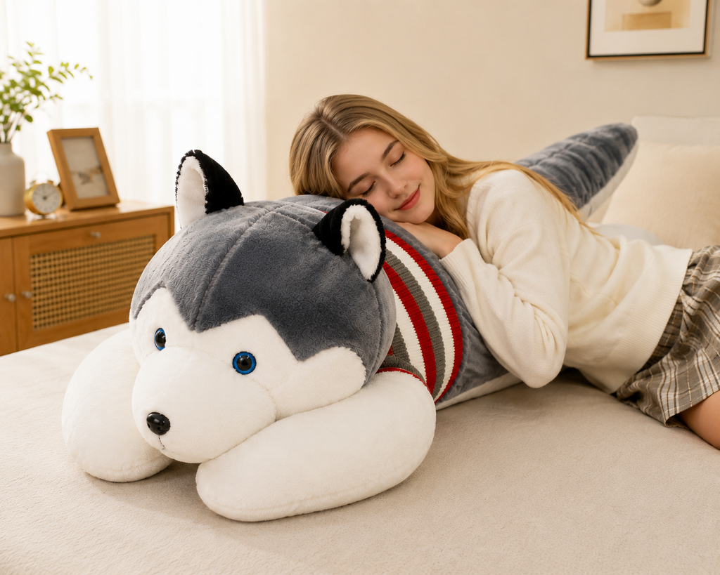 Woman relaxing with a large Husky plush body pillow