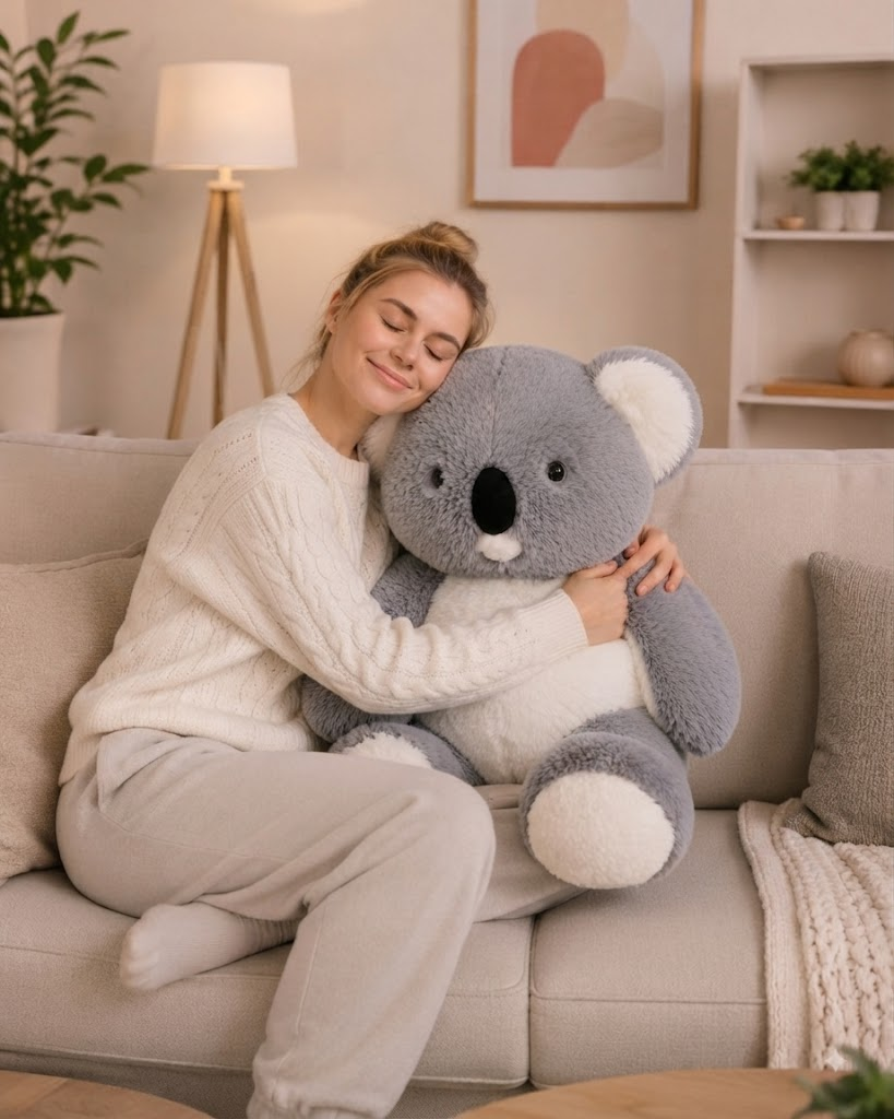 Koala plush cuddle lifestyle scene