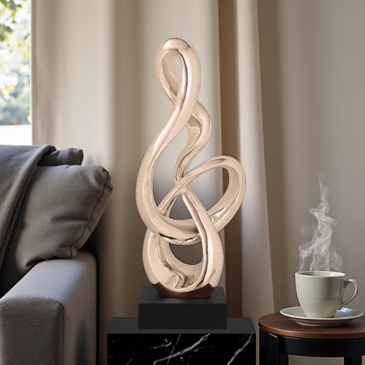 Large abstract treble clef sculpture in gold finish beside a modern sofa