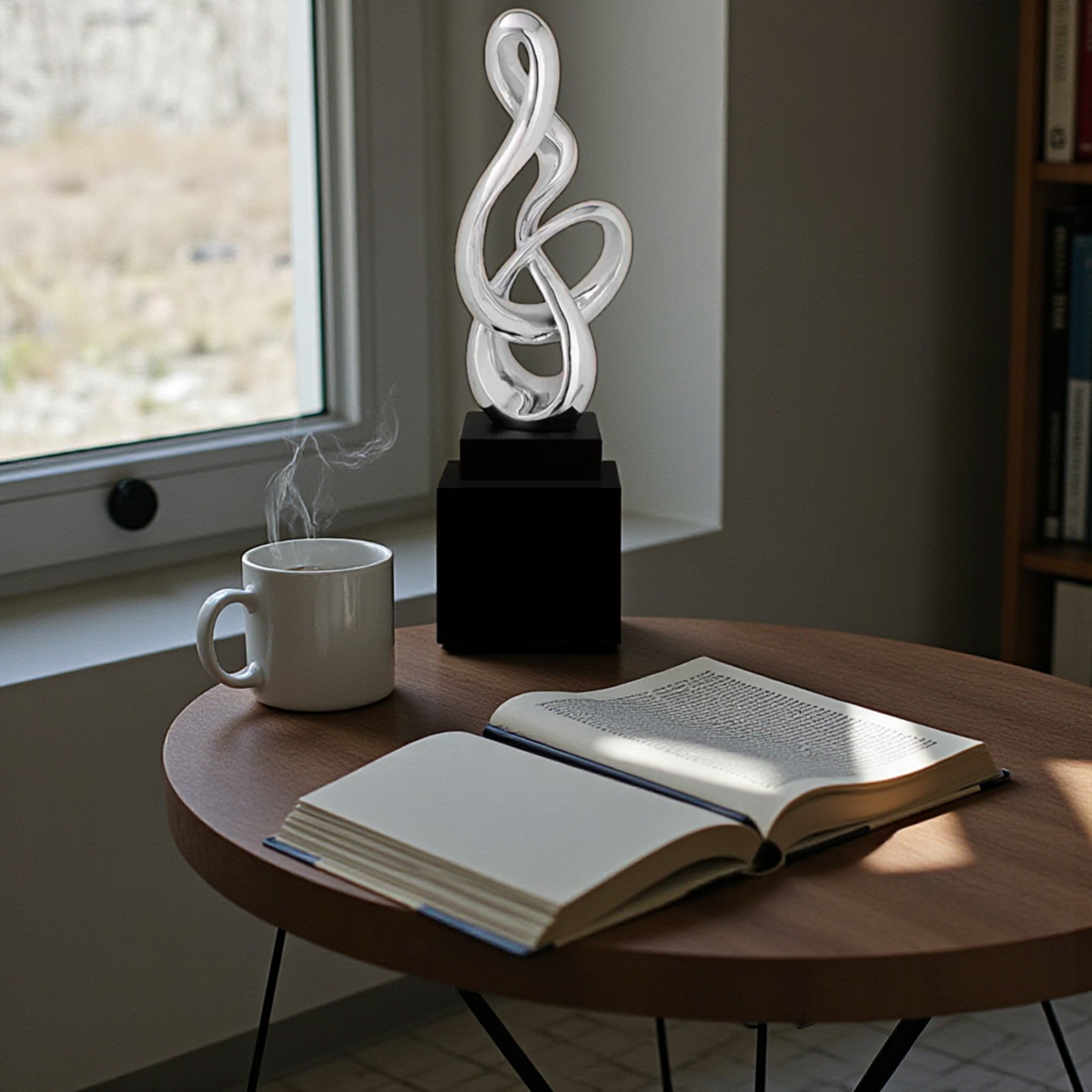 Large abstract treble clef sculpture in silver finish on a modern table