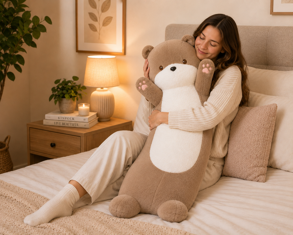 Large plush bear pillow in cozy living room