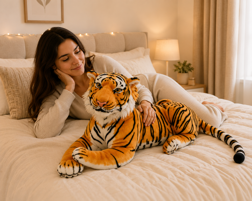 Large orange tiger plush on bed