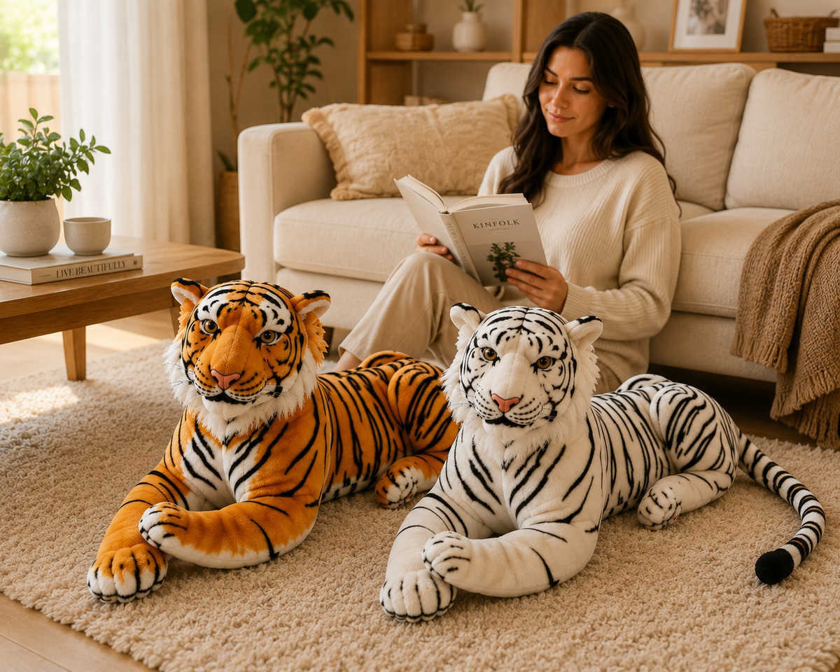 Orange and white tiger plush in reading space