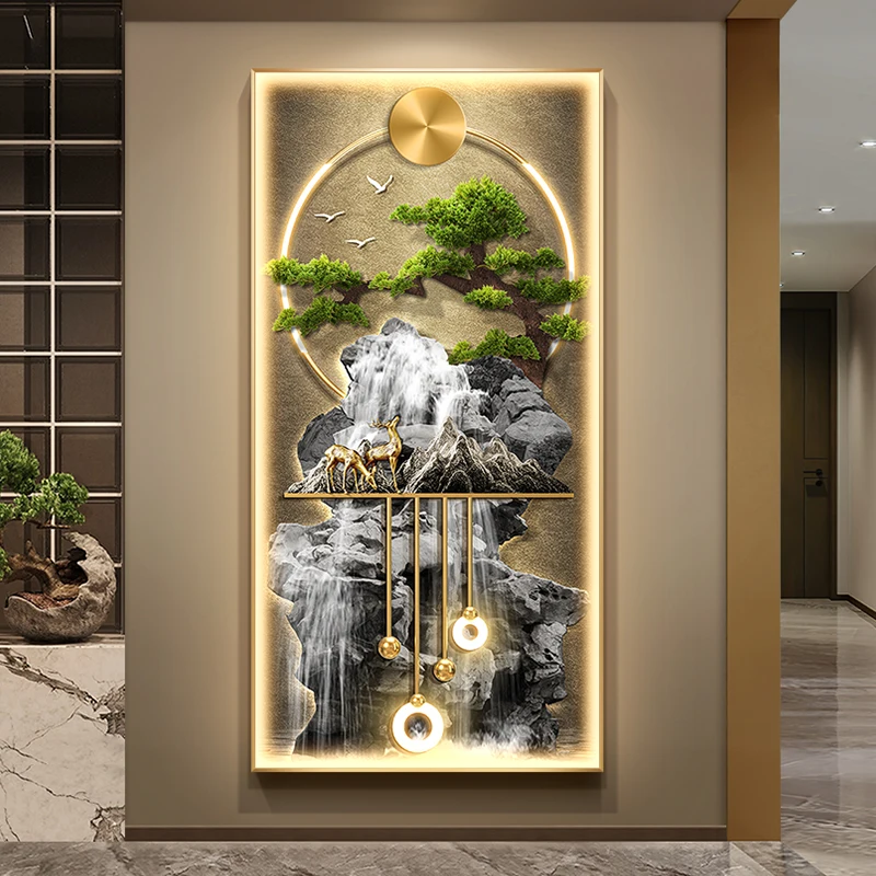 LED waterfall wall lamp with bonsai and deer in hallway